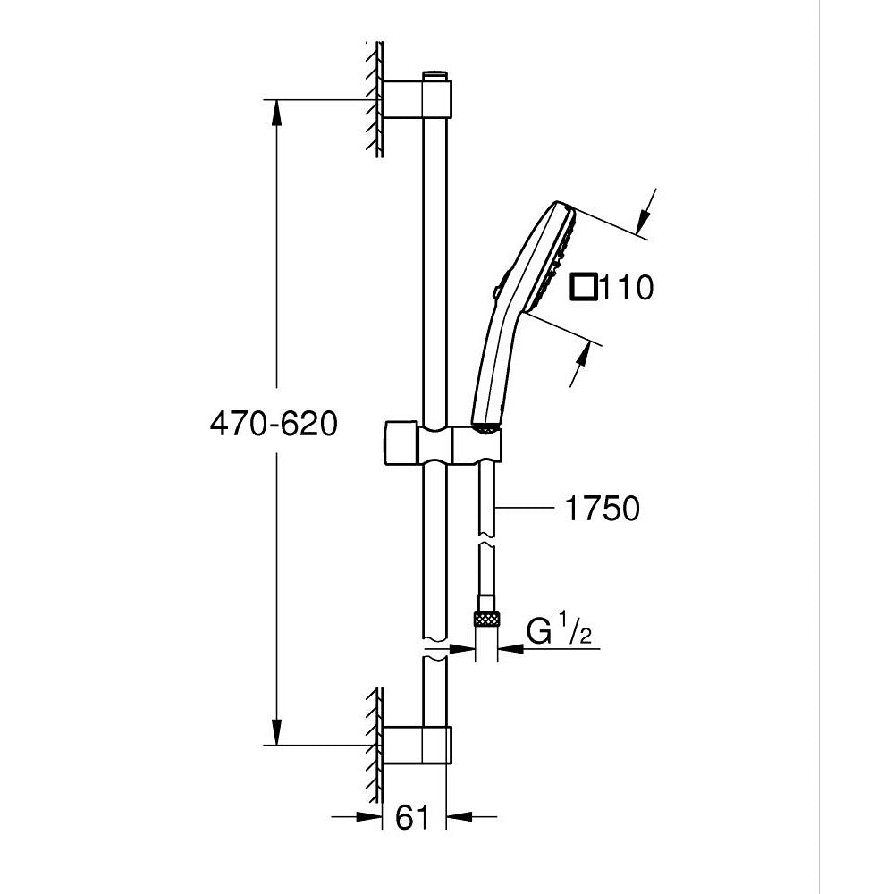 Grohe Tempesta Cube 110 Klizna šipka set 60cm 2 funkcije matt Black 267482433 – tehnički crtež