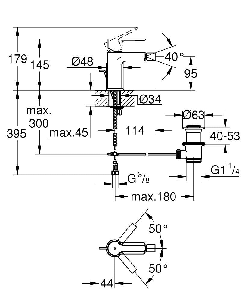 Grohe Lineare baterija za bide S – Size 33848001 – tehnički crtež