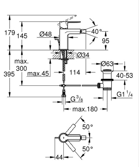 Grohe Lineare baterija za bide S – Size 33848001 – tehnički crtež