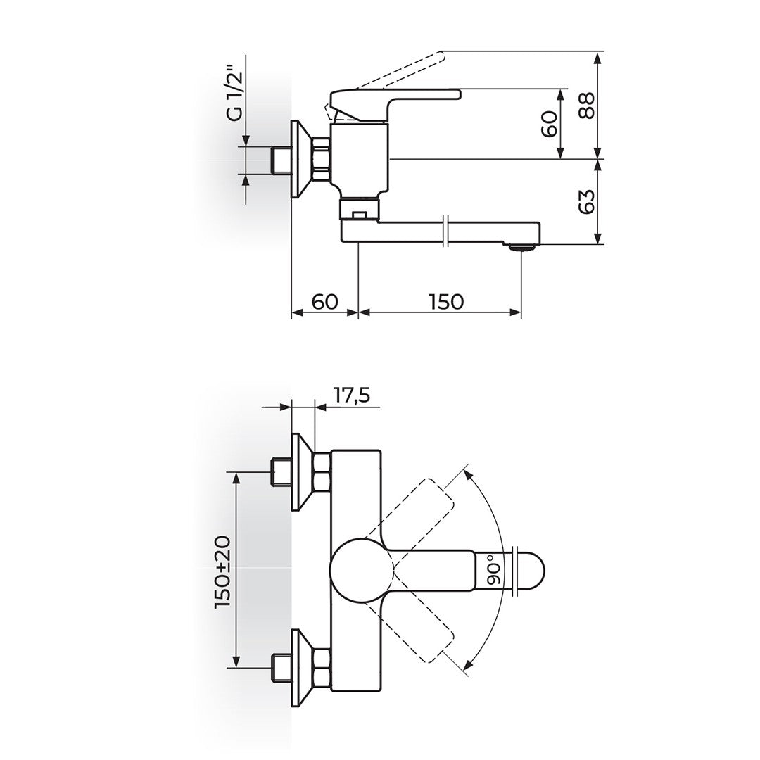 Rosan B/2 baterija za sudoperu – lavabo izliv 150mm JB32115 – tehnički crtež