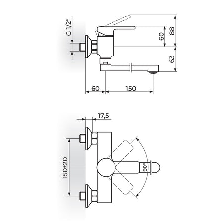 Rosan B/2 baterija za sudoperu – lavabo izliv 150mm JB32115 – tehnički crtež