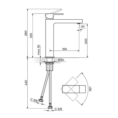 Rosan Quadro White baterija za lavabo – L JQ30109W – tehnički crtež