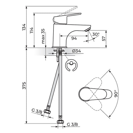 Rosan Smart baterija za lavabo S JA301001 – tehnički crtež